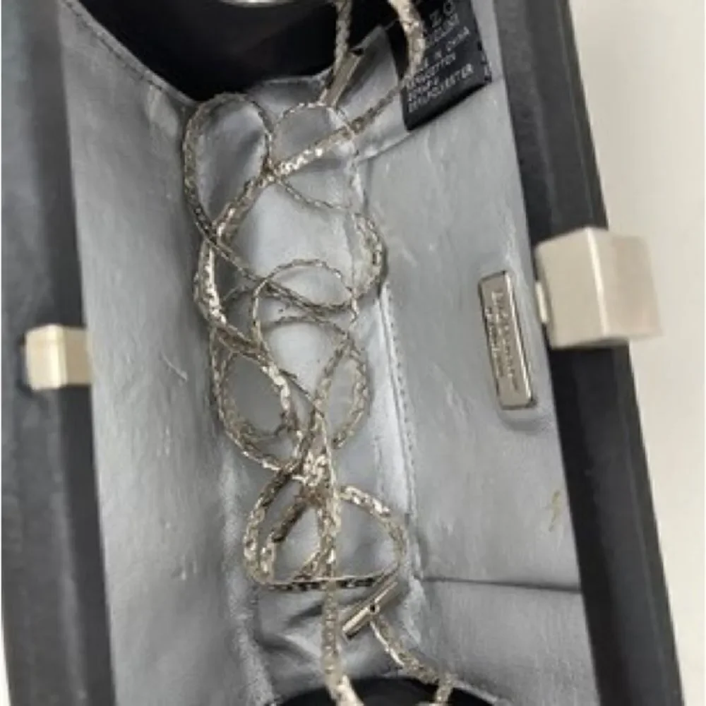 Enzo Angolini NWOT Black Sateen Clutch Bag with Silver Tone Chain & Top Clasp.